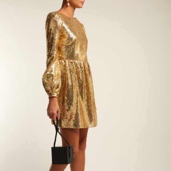 NWT Saloni Camille Gold Sequin Long Sleeve Open Back Tulle Mini Dress, UK 6 US 2 - Picture 8 of 10